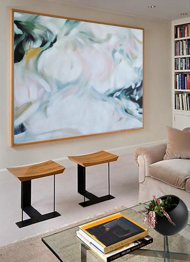 Original Artwork Extra Large Abstract Painting,Oversized Horizontal Abstract Art,Modern Wall Decor,White,Pink,Black,Green.etc